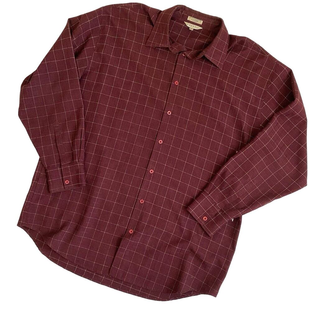Cassel Shirt Size 3XLT Burgundy Windowpane Plaid Long Sleeve Button Front Shirt